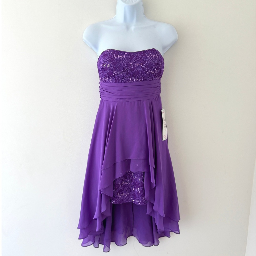 NWT Hailey Logan Adrianna Papell Purple Sequin Lace High Low Prom Dress 3/4